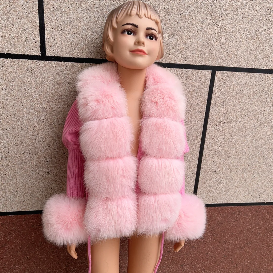 HUAQIUMEISI Children's Fox Fur Cardigan Autumn Winter Fashion Kids Raccoon Fur Cardigan and Women Real Fox Fur Cardigan