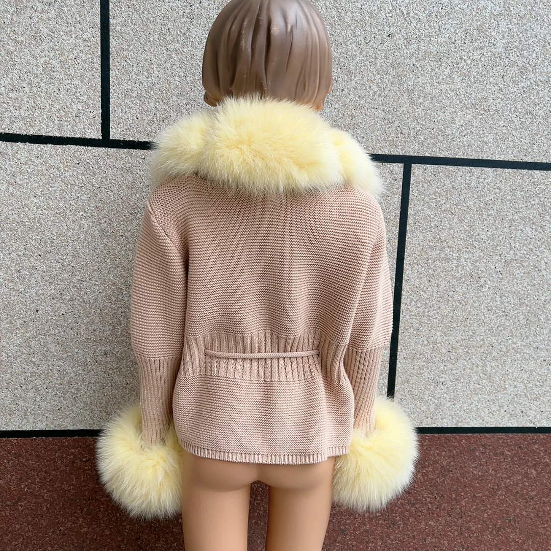 HUAQIUMEISI Children's Fox Fur Cardigan Autumn Winter Fashion Kids Raccoon Fur Cardigan and Women Real Fox Fur Cardigan
