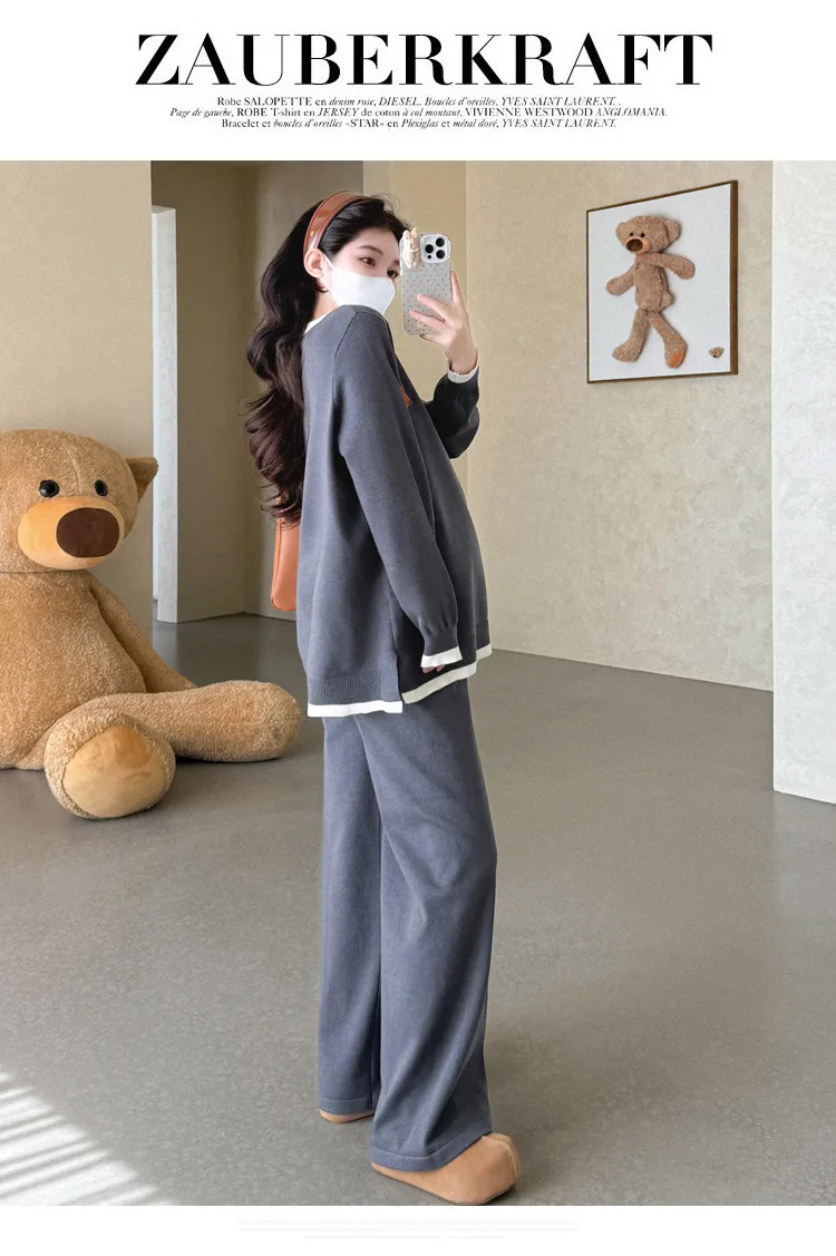 Maternity Suit Autumn Fake Two Piece Casual Simple Sweet Loose Soft Cartoon V Neck Sweater And Wide Leg Pants Two Piece Set