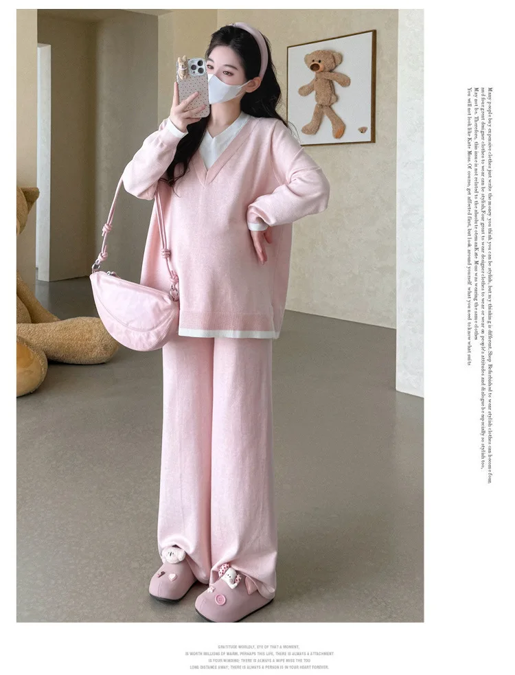 Maternity Suit Autumn Fake Two Piece Casual Simple Sweet Loose Soft Cartoon V Neck Sweater And Wide Leg Pants Two Piece Set