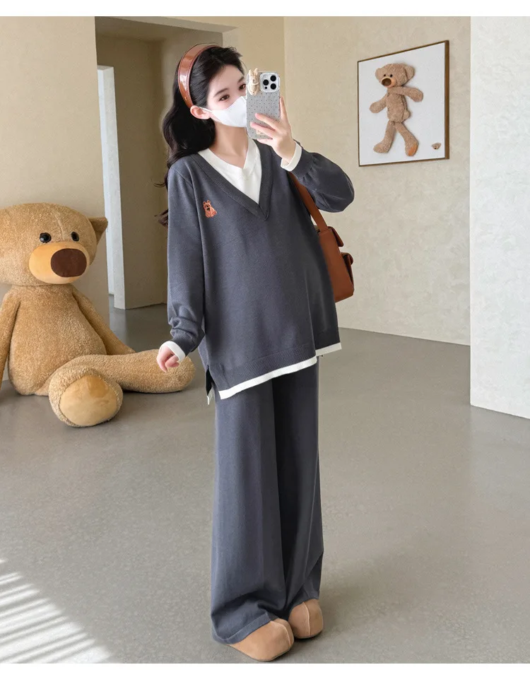 Maternity Suit Autumn Fake Two Piece Casual Simple Sweet Loose Soft Cartoon V Neck Sweater And Wide Leg Pants Two Piece Set