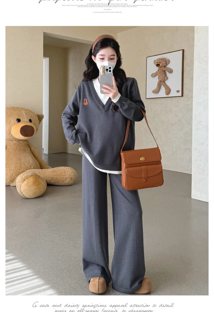 Maternity Suit Autumn Fake Two Piece Casual Simple Sweet Loose Soft Cartoon V Neck Sweater And Wide Leg Pants Two Piece Set