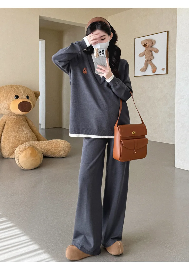 Maternity Suit Autumn Fake Two Piece Casual Simple Sweet Loose Soft Cartoon V Neck Sweater And Wide Leg Pants Two Piece Set