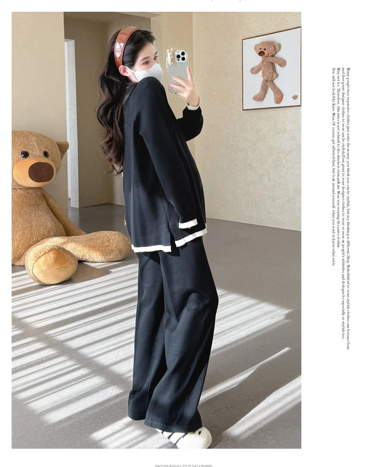 Maternity Suit Autumn Fake Two Piece Casual Simple Sweet Loose Soft Cartoon V Neck Sweater And Wide Leg Pants Two Piece Set