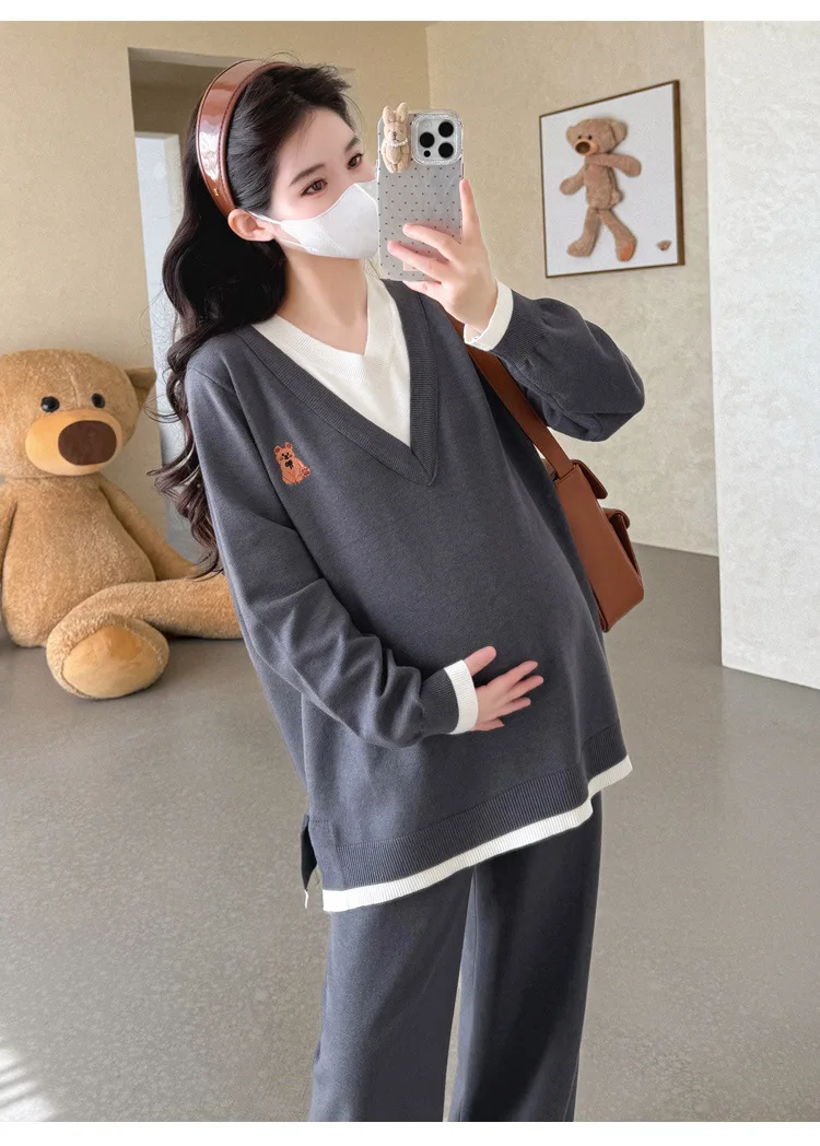Maternity Suit Autumn Fake Two Piece Casual Simple Sweet Loose Soft Cartoon V Neck Sweater And Wide Leg Pants Two Piece Set