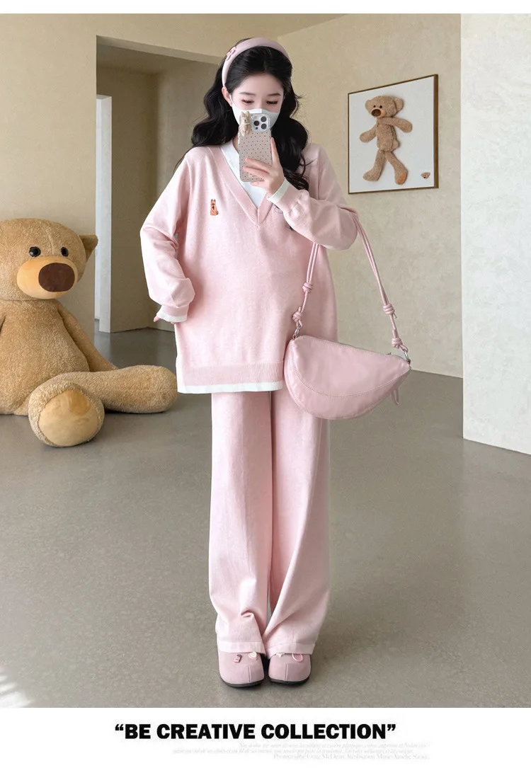Maternity Suit Autumn Fake Two Piece Casual Simple Sweet Loose Soft Cartoon V Neck Sweater And Wide Leg Pants Two Piece Set