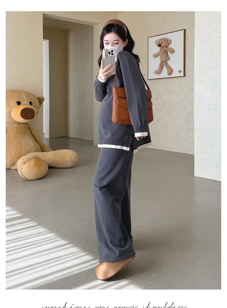 Maternity Suit Autumn Fake Two Piece Casual Simple Sweet Loose Soft Cartoon V Neck Sweater And Wide Leg Pants Two Piece Set