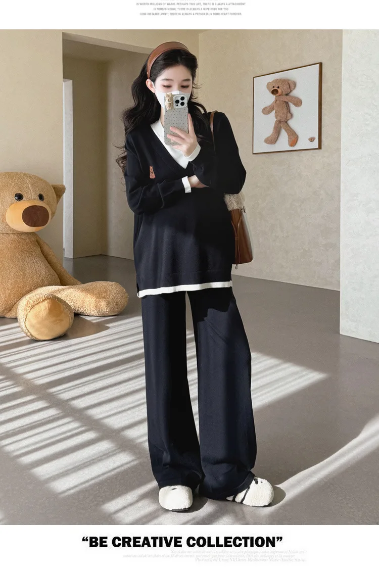 Maternity Suit Autumn Fake Two Piece Casual Simple Sweet Loose Soft Cartoon V Neck Sweater And Wide Leg Pants Two Piece Set