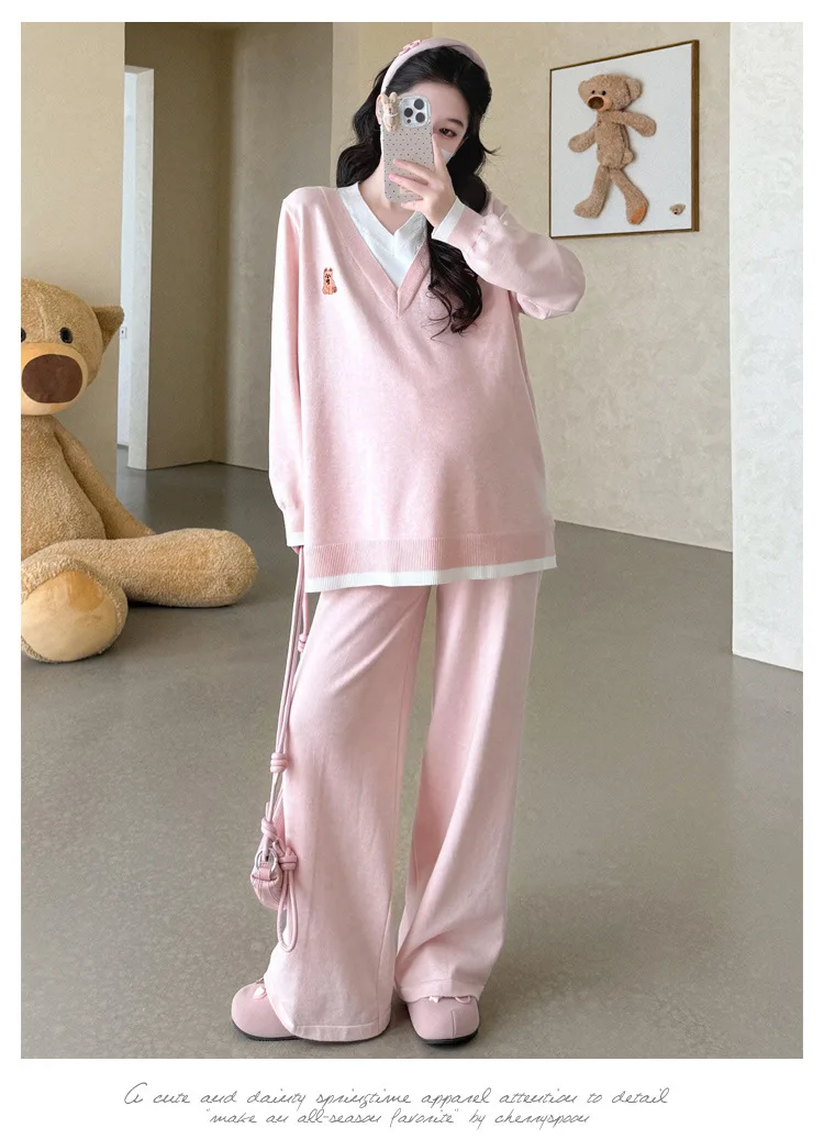 Maternity Suit Autumn Fake Two Piece Casual Simple Sweet Loose Soft Cartoon V Neck Sweater And Wide Leg Pants Two Piece Set