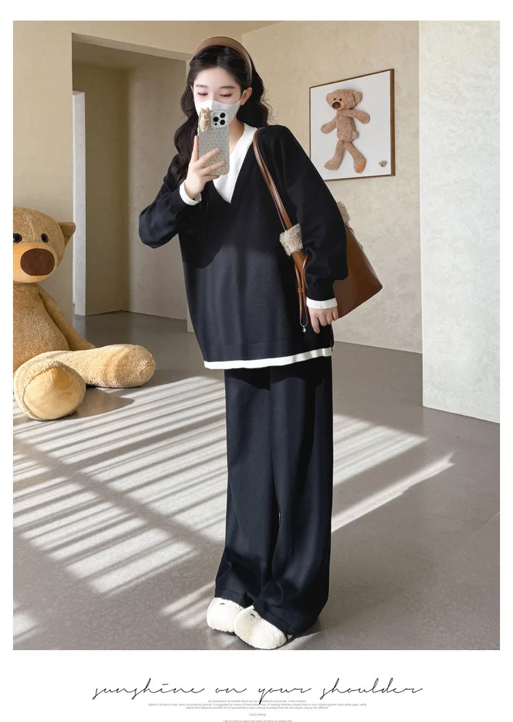 Maternity Suit Autumn Fake Two Piece Casual Simple Sweet Loose Soft Cartoon V Neck Sweater And Wide Leg Pants Two Piece Set