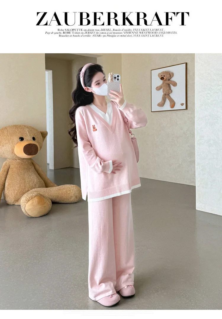 Maternity Suit Autumn Fake Two Piece Casual Simple Sweet Loose Soft Cartoon V Neck Sweater And Wide Leg Pants Two Piece Set