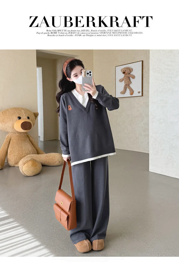 Maternity Suit Autumn Fake Two Piece Casual Simple Sweet Loose Soft Cartoon V Neck Sweater And Wide Leg Pants Two Piece Set