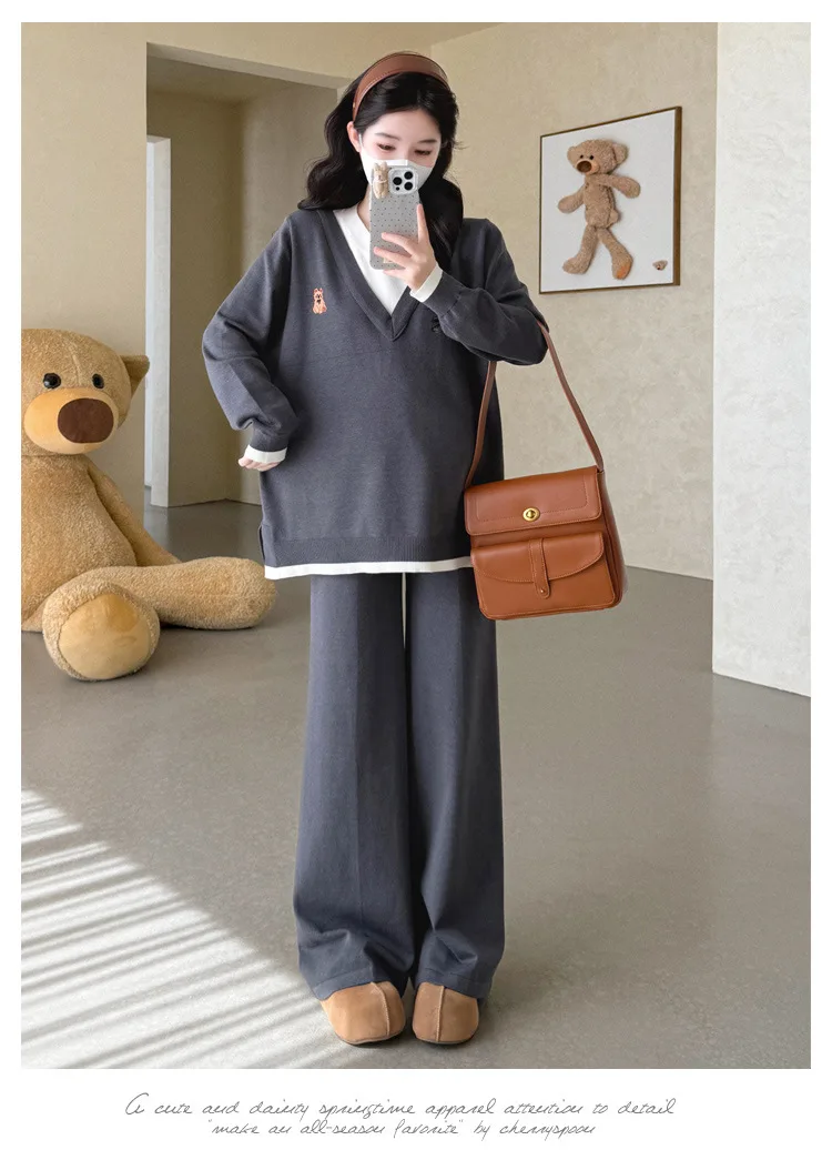 Maternity Suit Autumn Fake Two Piece Casual Simple Sweet Loose Soft Cartoon V Neck Sweater And Wide Leg Pants Two Piece Set