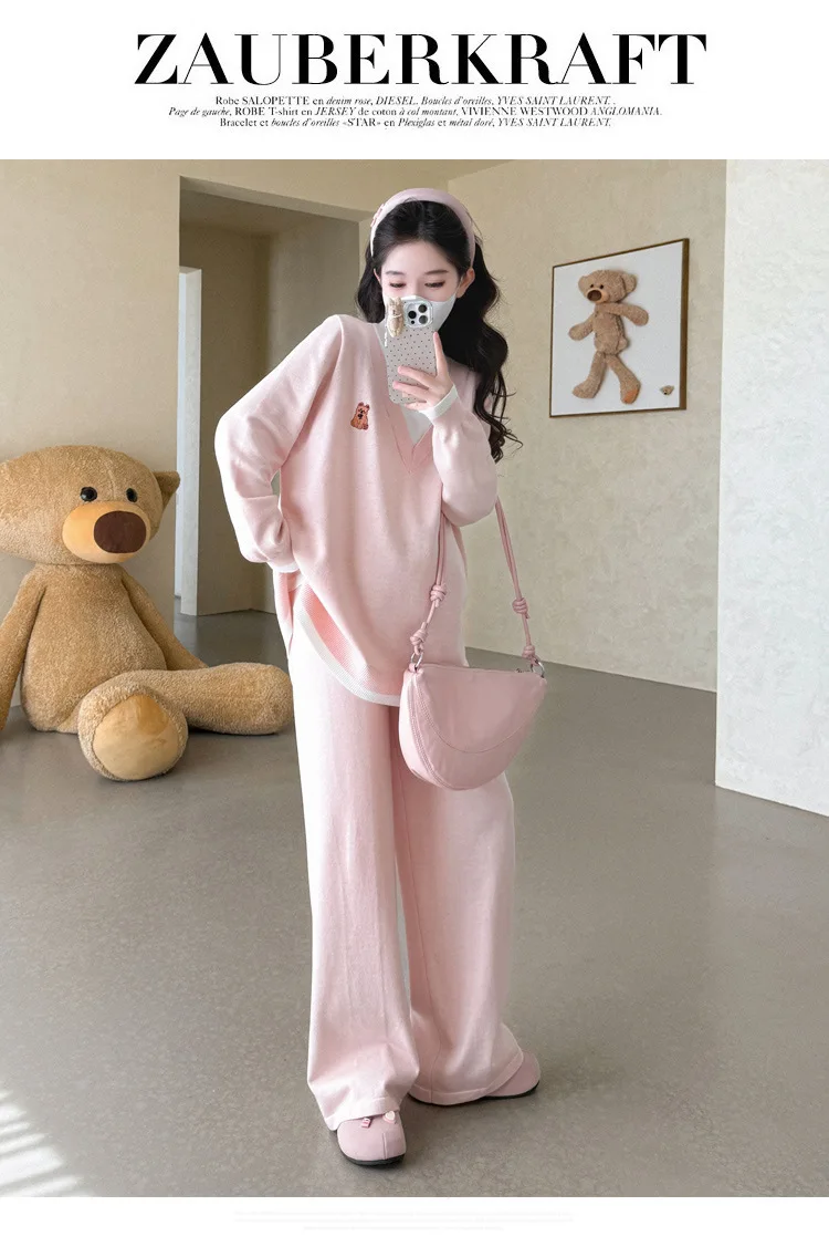 Maternity Suit Autumn Fake Two Piece Casual Simple Sweet Loose Soft Cartoon V Neck Sweater And Wide Leg Pants Two Piece Set