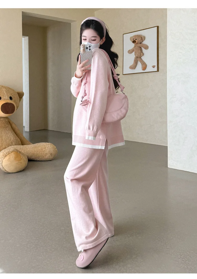 Maternity Suit Autumn Fake Two Piece Casual Simple Sweet Loose Soft Cartoon V Neck Sweater And Wide Leg Pants Two Piece Set