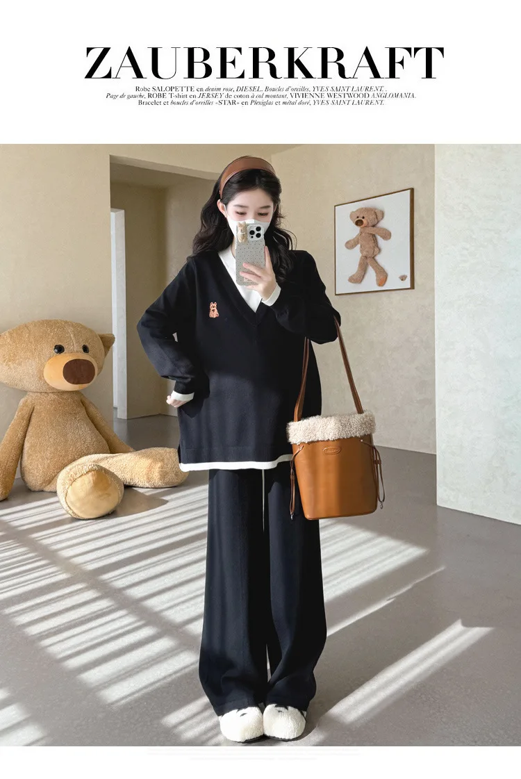 Maternity Suit Autumn Fake Two Piece Casual Simple Sweet Loose Soft Cartoon V Neck Sweater And Wide Leg Pants Two Piece Set