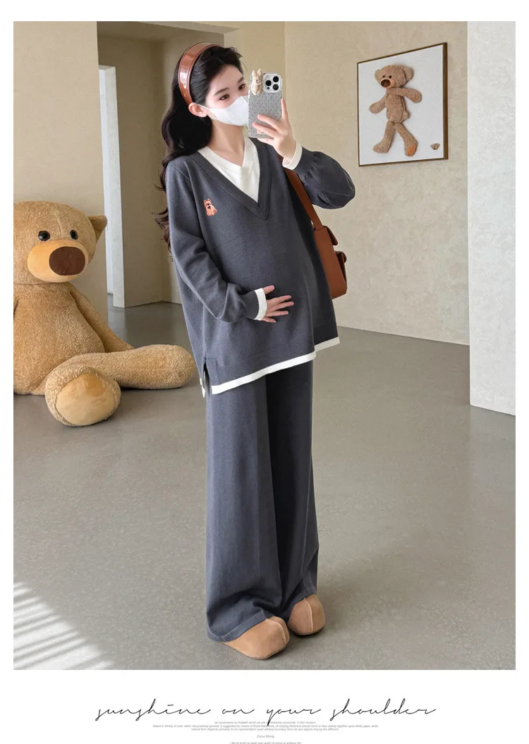 Maternity Suit Autumn Fake Two Piece Casual Simple Sweet Loose Soft Cartoon V Neck Sweater And Wide Leg Pants Two Piece Set