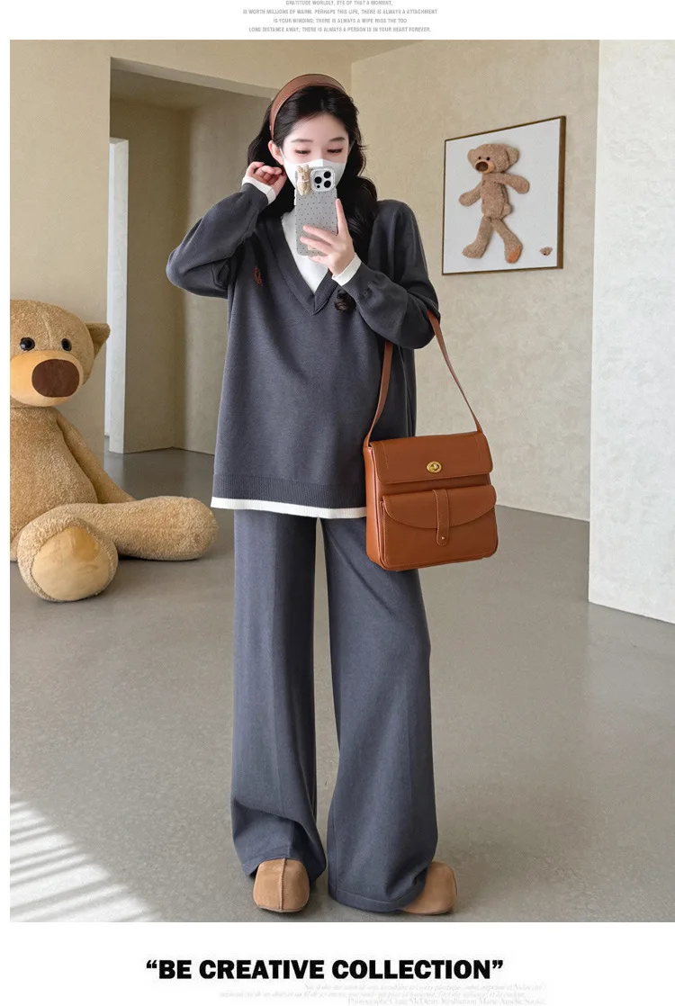 Maternity Suit Autumn Fake Two Piece Casual Simple Sweet Loose Soft Cartoon V Neck Sweater And Wide Leg Pants Two Piece Set