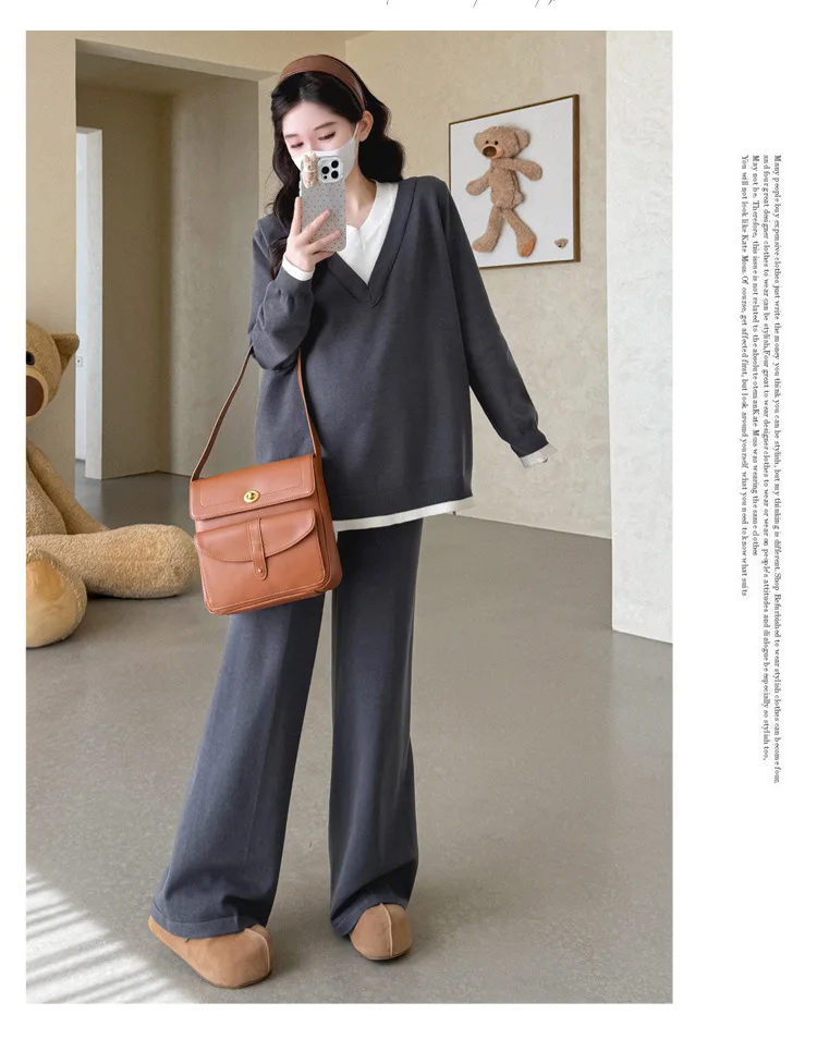 Maternity Suit Autumn Fake Two Piece Casual Simple Sweet Loose Soft Cartoon V Neck Sweater And Wide Leg Pants Two Piece Set