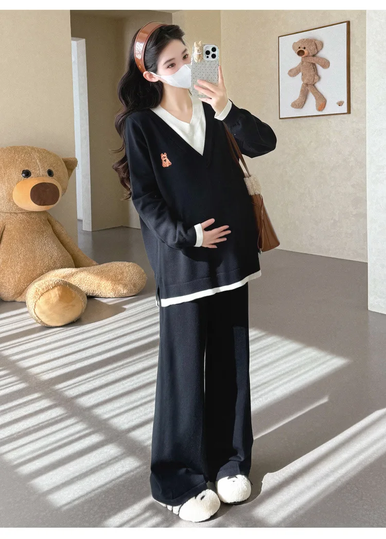 Maternity Suit Autumn Fake Two Piece Casual Simple Sweet Loose Soft Cartoon V Neck Sweater And Wide Leg Pants Two Piece Set