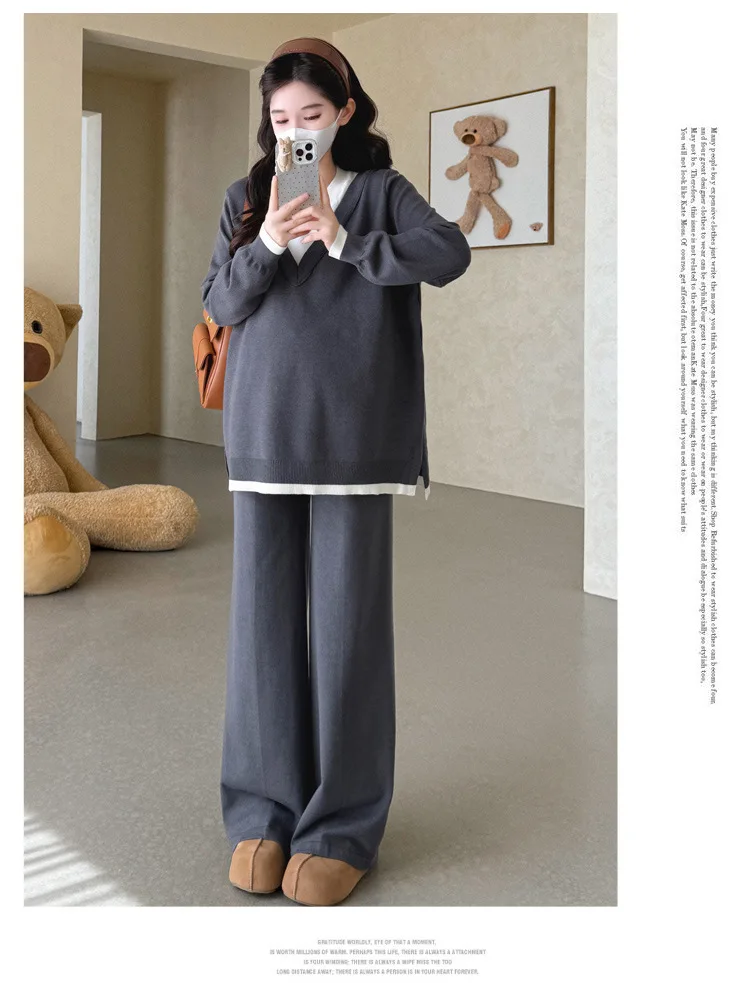 Maternity Suit Autumn Fake Two Piece Casual Simple Sweet Loose Soft Cartoon V Neck Sweater And Wide Leg Pants Two Piece Set