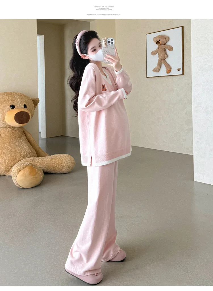 Maternity Suit Autumn Fake Two Piece Casual Simple Sweet Loose Soft Cartoon V Neck Sweater And Wide Leg Pants Two Piece Set