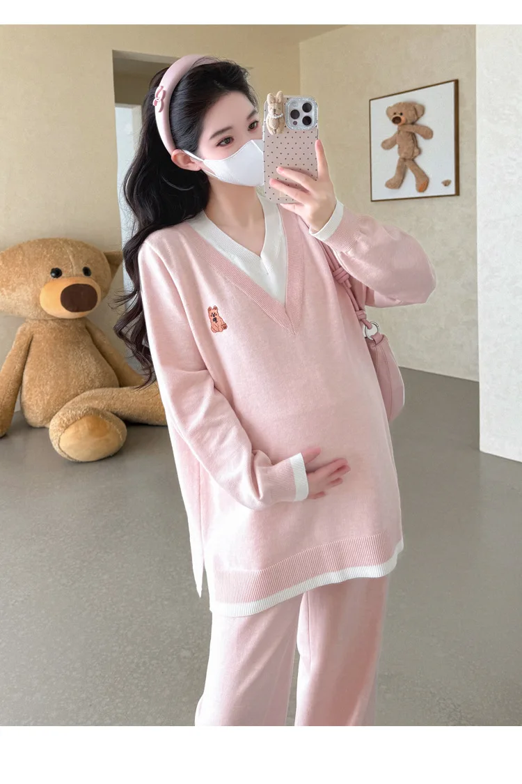 Maternity Suit Autumn Fake Two Piece Casual Simple Sweet Loose Soft Cartoon V Neck Sweater And Wide Leg Pants Two Piece Set