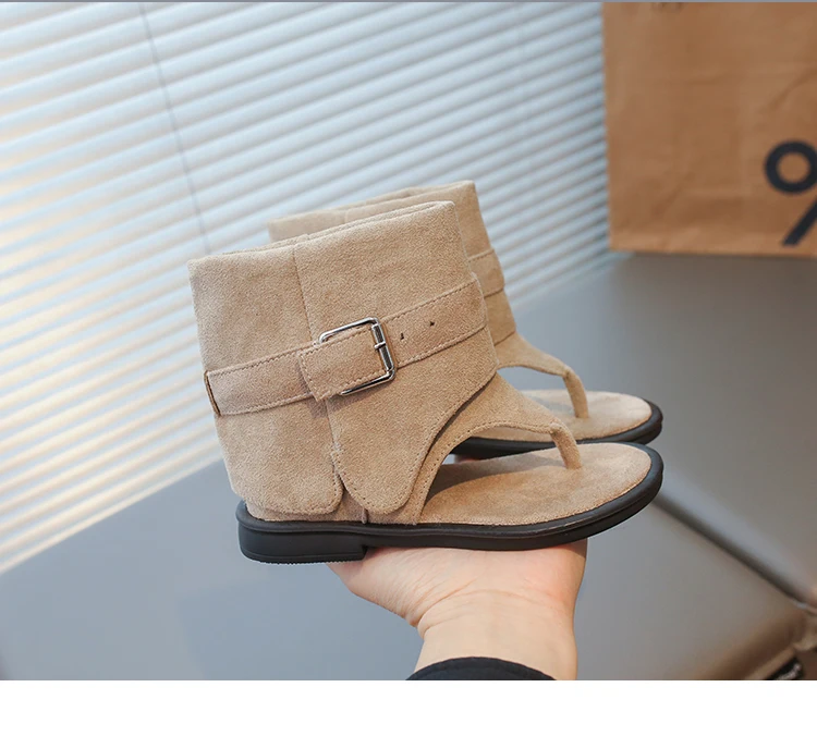 Toddler Girls Gladiator Ankle Boots Sandals with Buckle 2026 New Summer Kids Suede Leather Sandals Soft Sole Ethnic Style Shoes