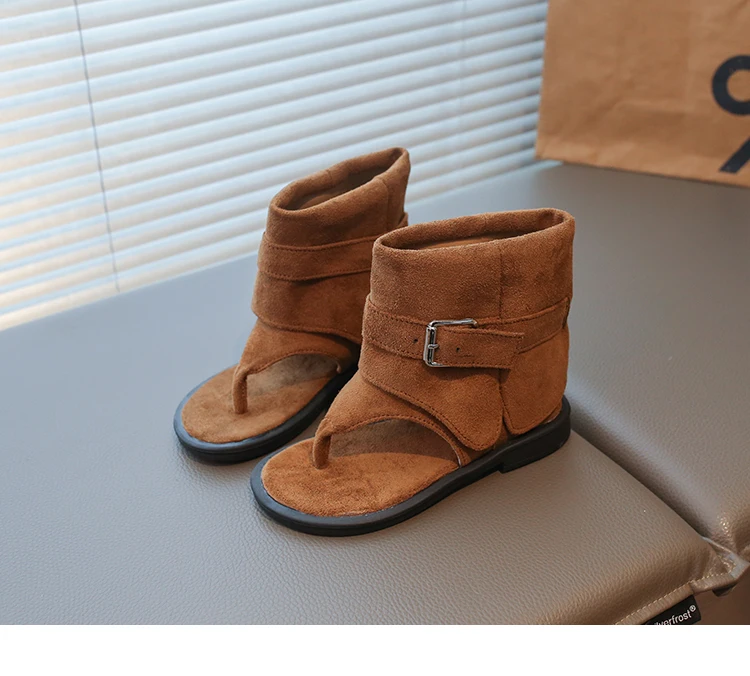 Toddler Girls Gladiator Ankle Boots Sandals with Buckle 2026 New Summer Kids Suede Leather Sandals Soft Sole Ethnic Style Shoes