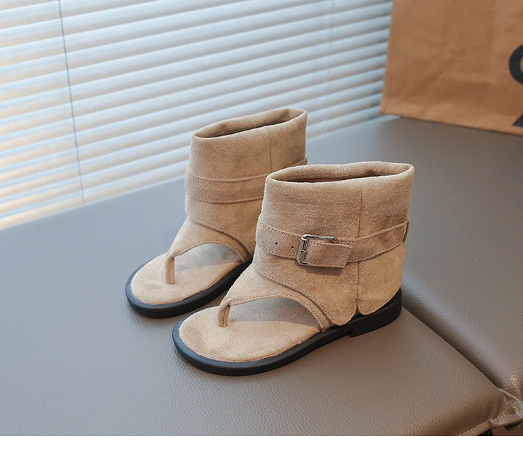 Toddler Girls Gladiator Ankle Boots Sandals with Buckle 2026 New Summer Kids Suede Leather Sandals Soft Sole Ethnic Style Shoes