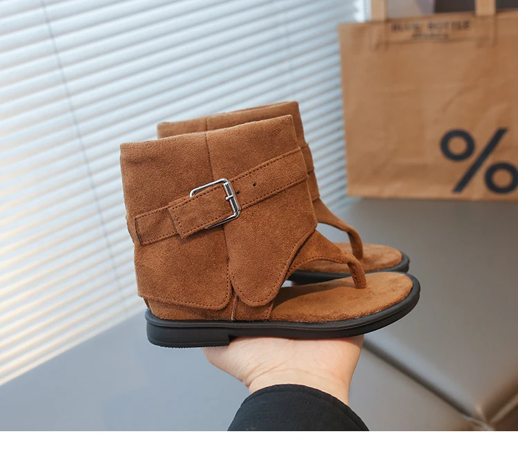 Toddler Girls Gladiator Ankle Boots Sandals with Buckle 2026 New Summer Kids Suede Leather Sandals Soft Sole Ethnic Style Shoes