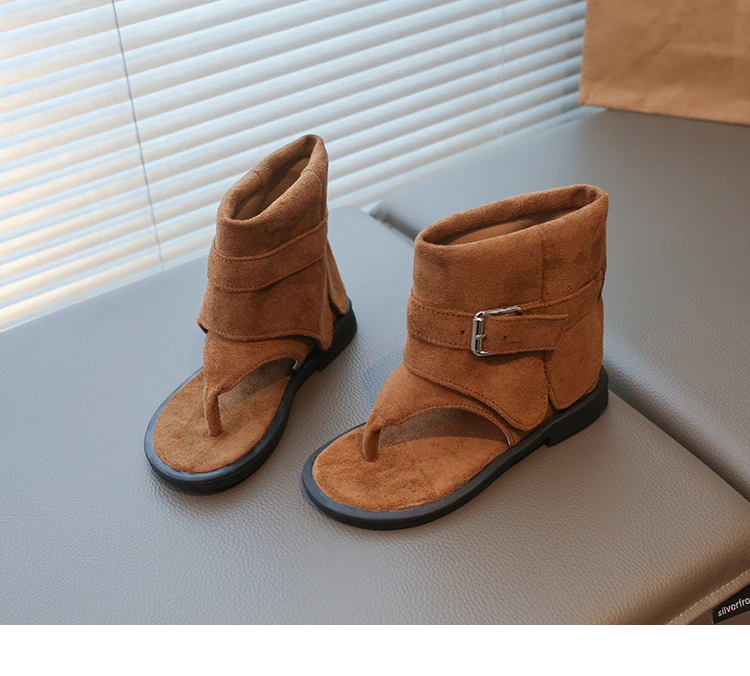 Toddler Girls Gladiator Ankle Boots Sandals with Buckle 2026 New Summer Kids Suede Leather Sandals Soft Sole Ethnic Style Shoes