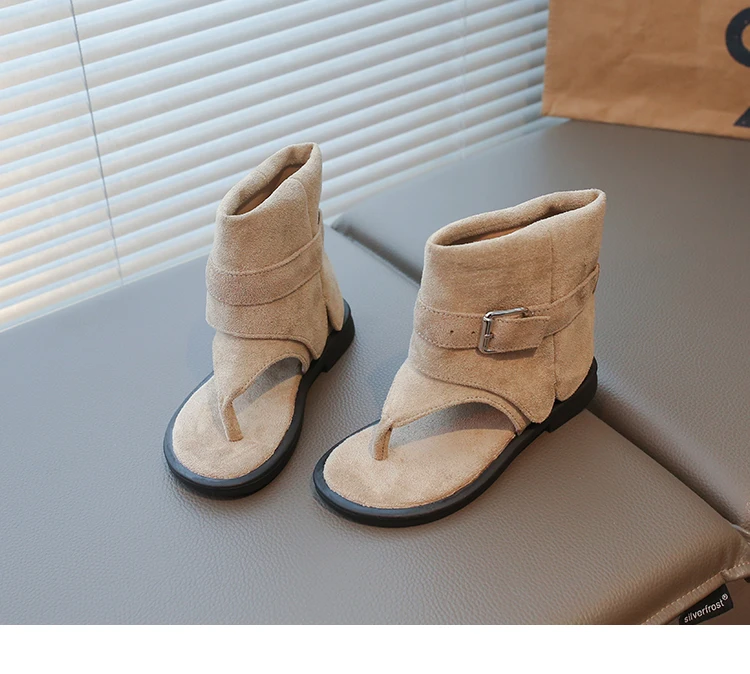 Toddler Girls Gladiator Ankle Boots Sandals with Buckle 2026 New Summer Kids Suede Leather Sandals Soft Sole Ethnic Style Shoes