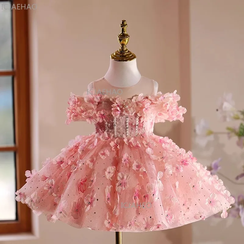 Girls First Birthday Floral Dress Flower Girl Tutu Gown Children Piano Performance Host Outfit Pageant Formal Attire Celebration