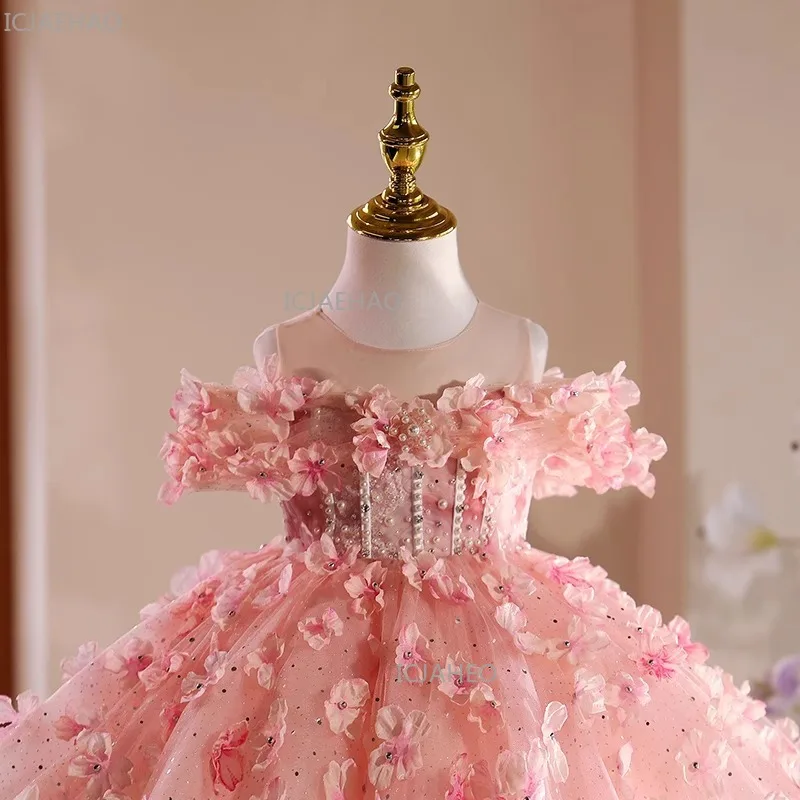 Girls First Birthday Floral Dress Flower Girl Tutu Gown Children Piano Performance Host Outfit Pageant Formal Attire Celebration