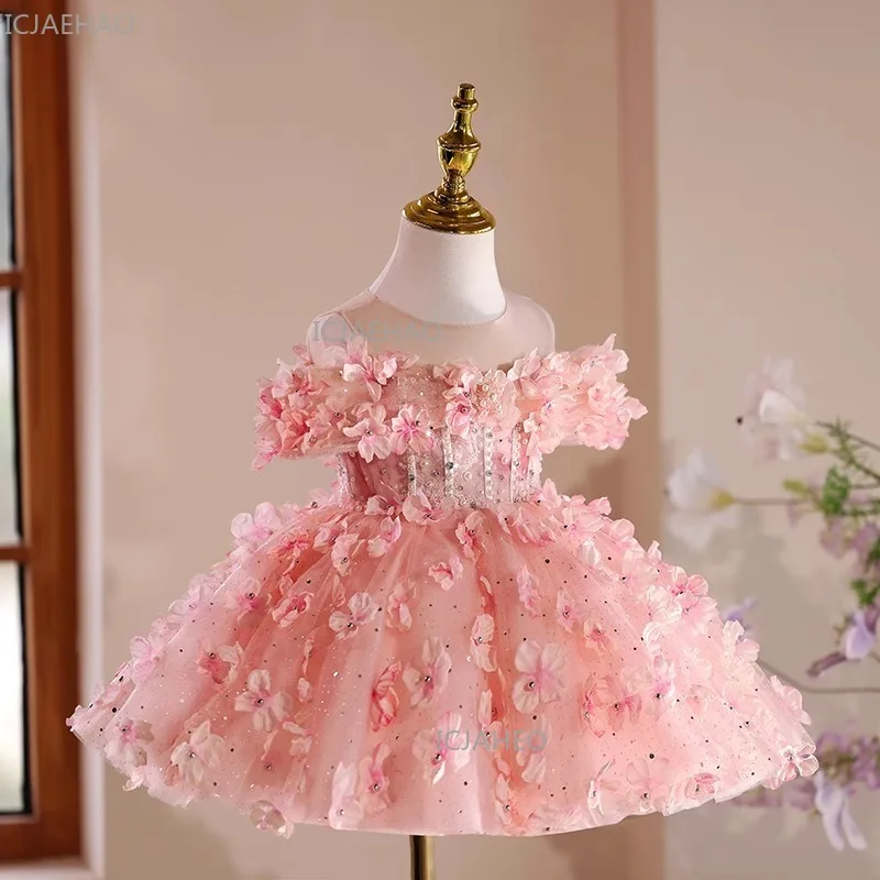 Girls First Birthday Floral Dress Flower Girl Tutu Gown Children Piano Performance Host Outfit Pageant Formal Attire Celebration
