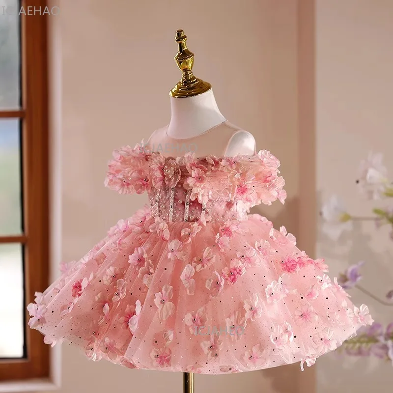 Girls First Birthday Floral Dress Flower Girl Tutu Gown Children Piano Performance Host Outfit Pageant Formal Attire Celebration