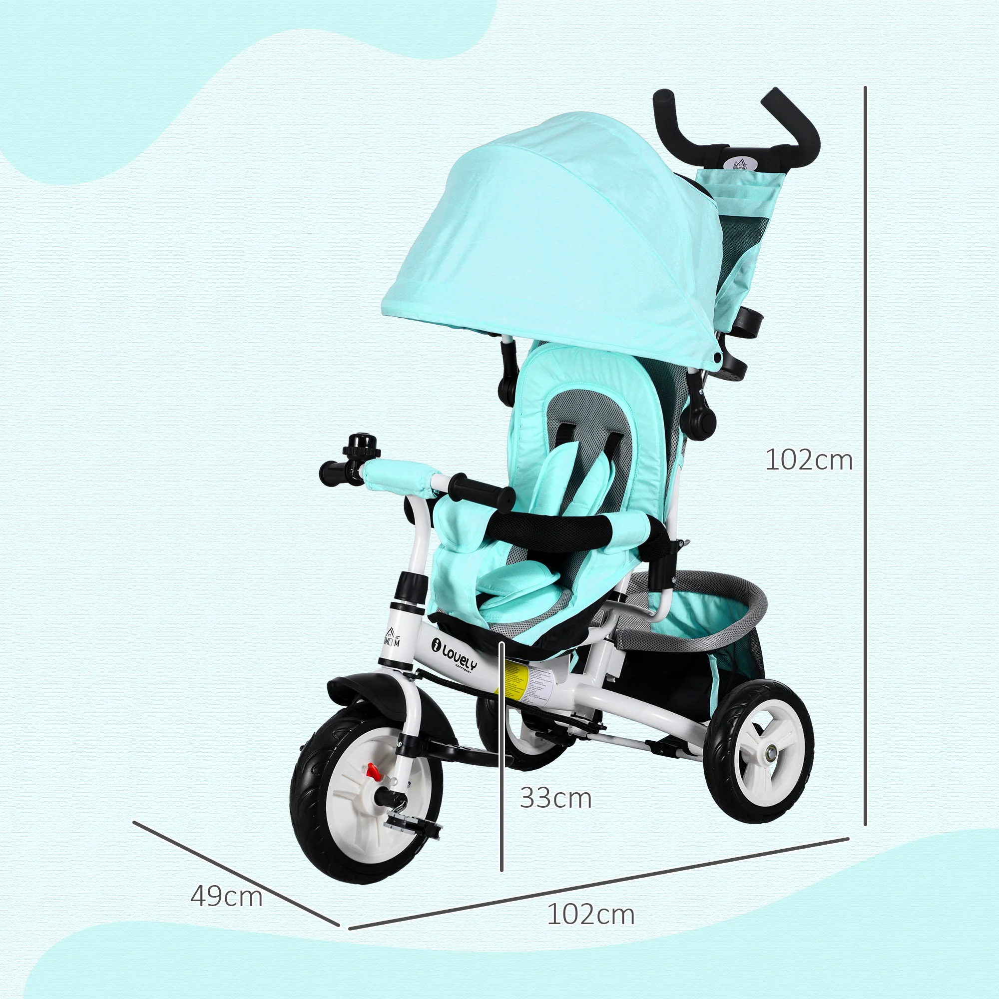 Homcom Tricycle for Babies +12 Months with Telescopic and Detachable Push Handle, Mommy Bag and Bottle Holder Mint Green