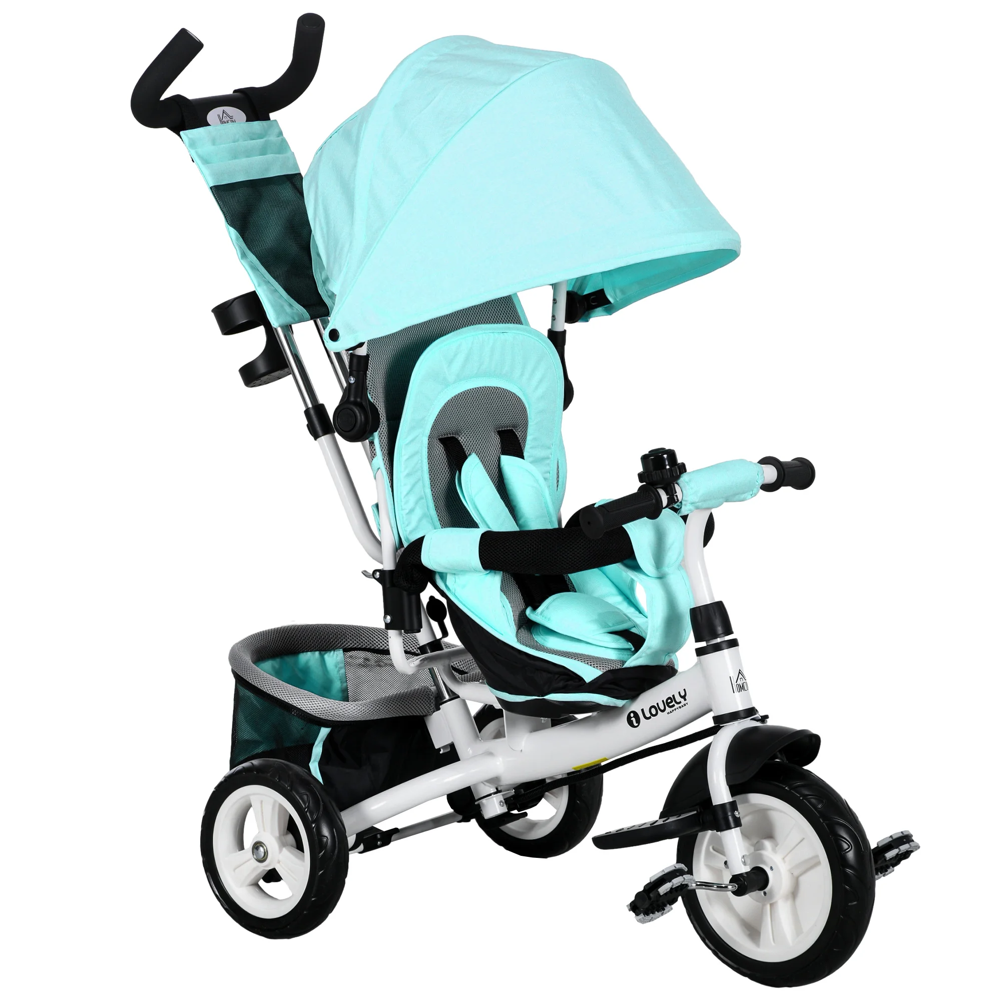 Homcom Tricycle for Babies +12 Months with Telescopic and Detachable Push Handle, Mommy Bag and Bottle Holder Mint Green