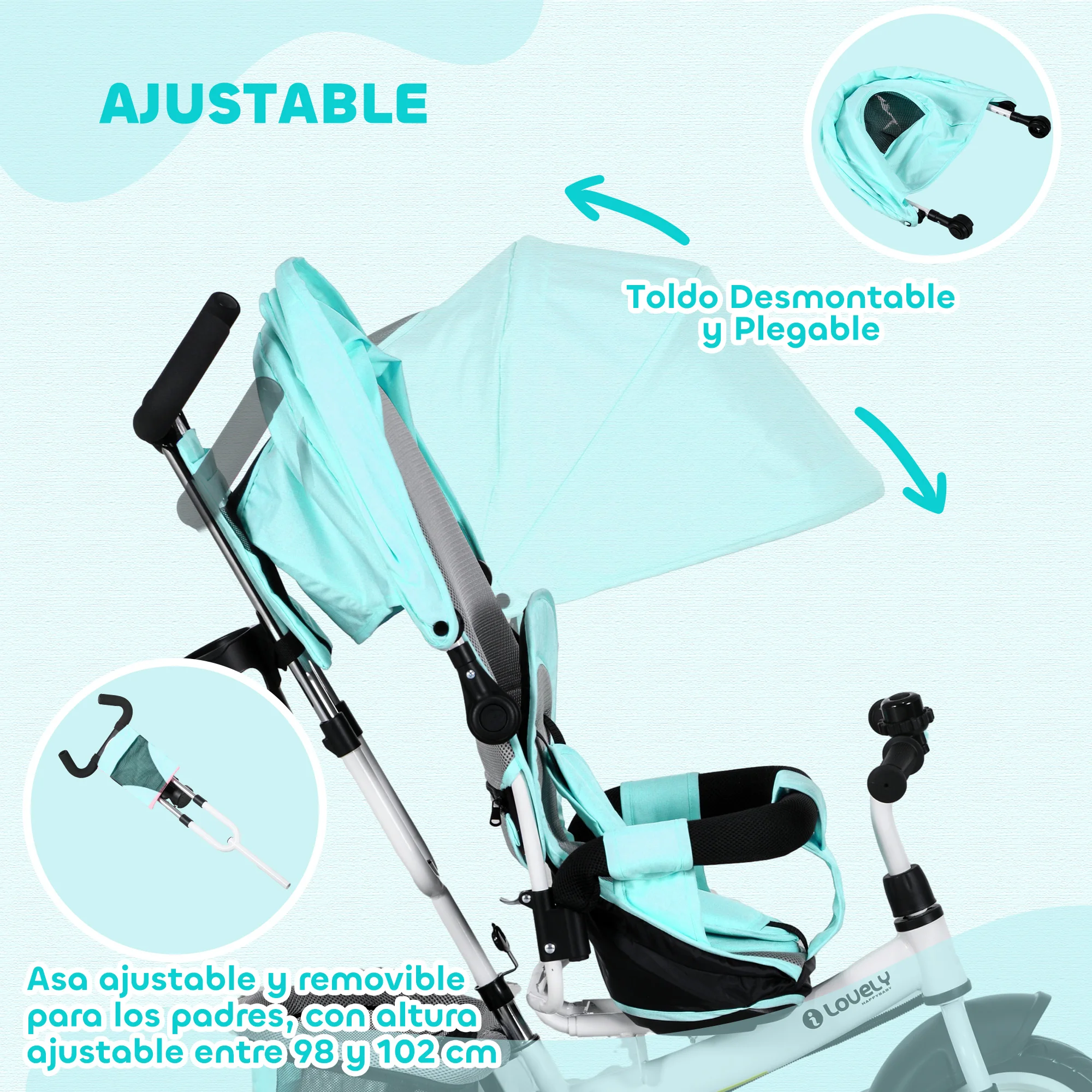 Homcom Tricycle for Babies +12 Months with Telescopic and Detachable Push Handle, Mommy Bag and Bottle Holder Mint Green