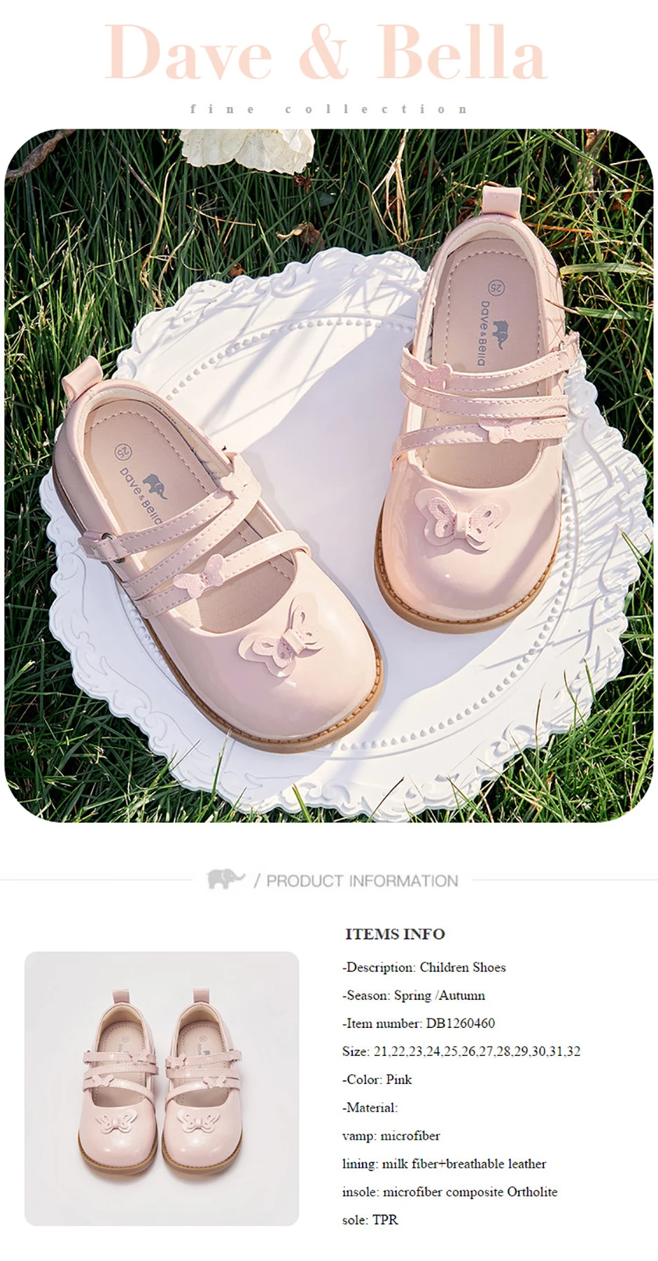 Dave Bella Children Leather Shoes Autumn Spring Baby Girls Charm Princess Shoes Anti Slip Elegant Party Kid Pink Shoes DB1260460