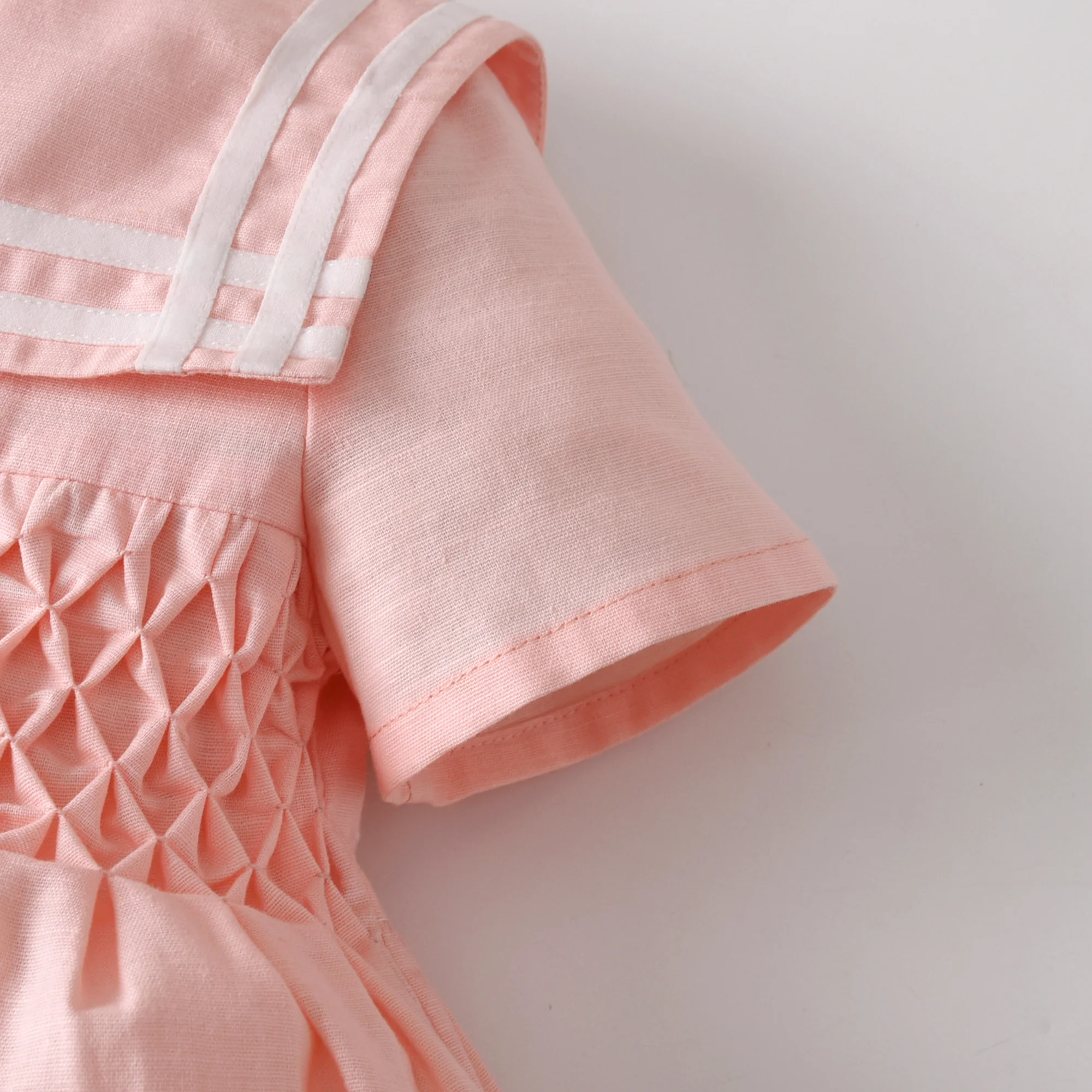 Children Dress Linen Honeycomb Hand Smocking Design Short Sleeves Kids Girls Dresses Exquisite Girl Clothing For Birthday Party