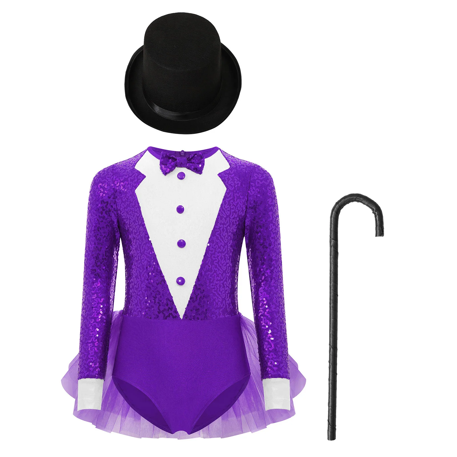 Kids Girls Sparkly Sequins Dance Outfit Magician Back Invisible Zipper Color Block Tulle Skirted Leotard with Hat And Crutch