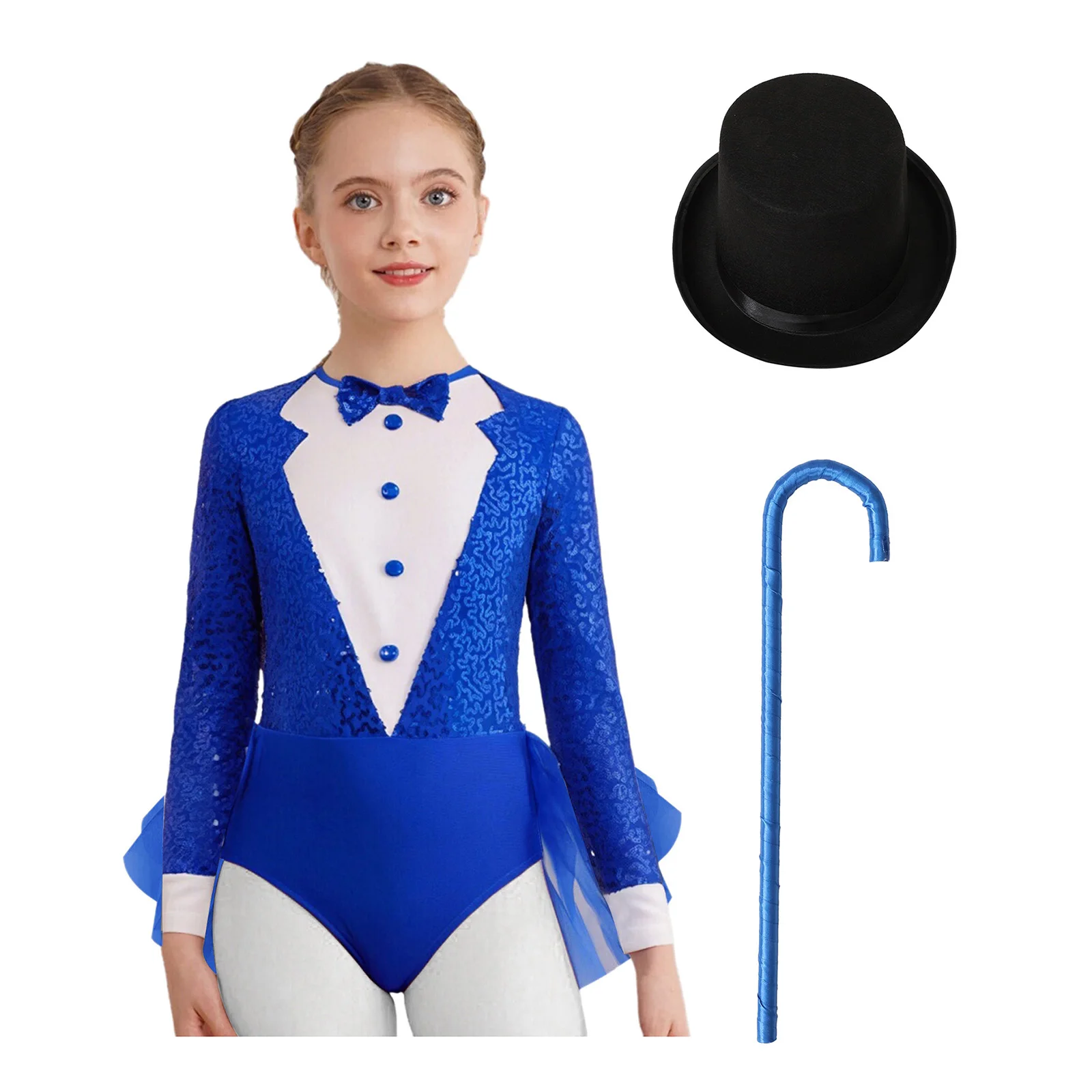 Kids Girls Sparkly Sequins Dance Outfit Magician Back Invisible Zipper Color Block Tulle Skirted Leotard with Hat And Crutch