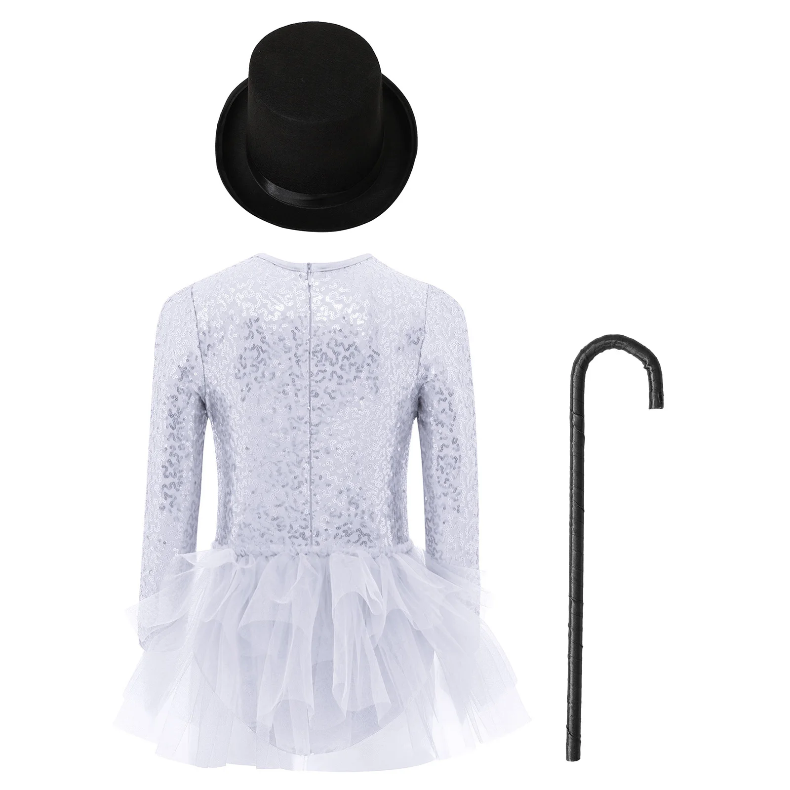 Kids Girls Sparkly Sequins Dance Outfit Magician Back Invisible Zipper Color Block Tulle Skirted Leotard with Hat And Crutch