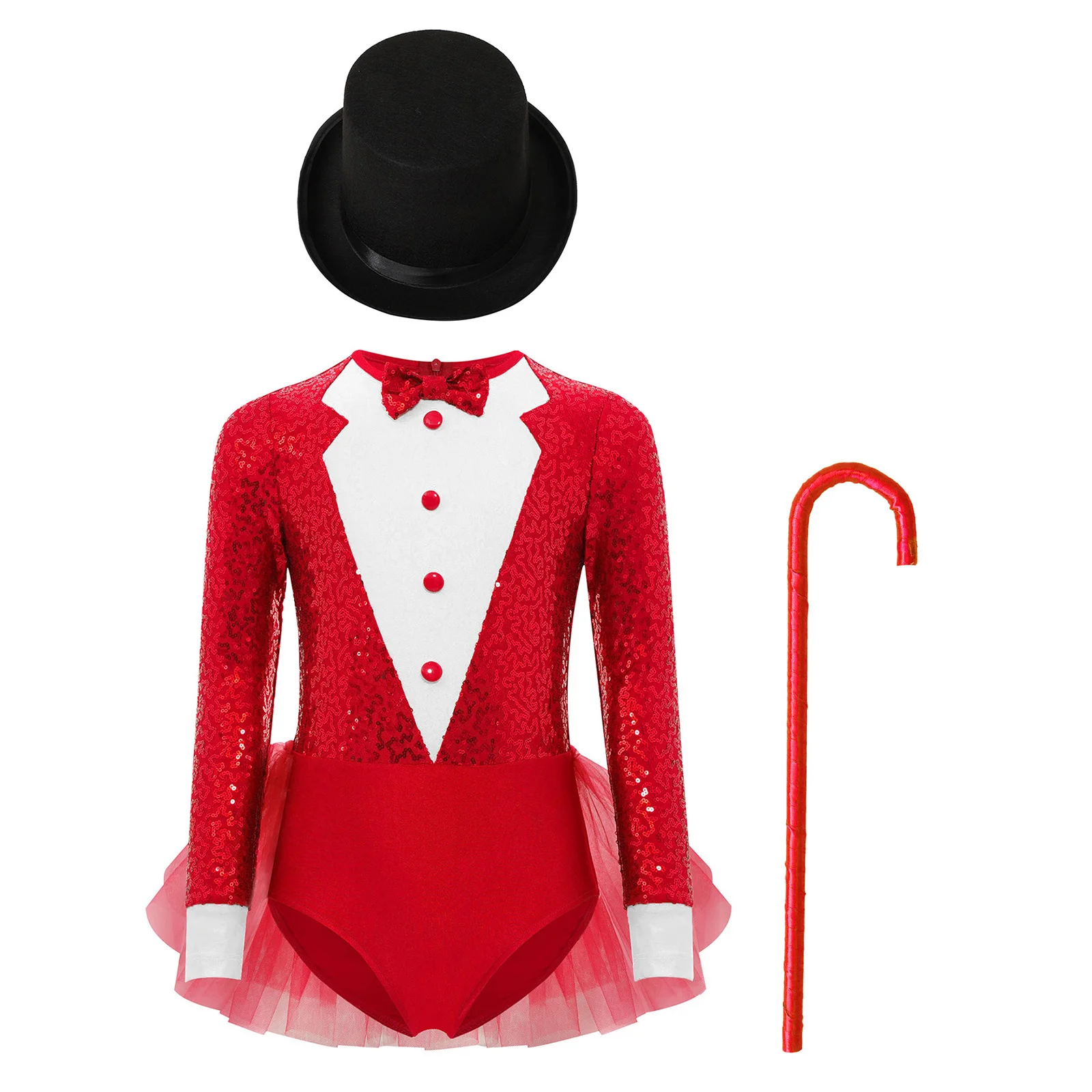 Kids Girls Sparkly Sequins Dance Outfit Magician Back Invisible Zipper Color Block Tulle Skirted Leotard with Hat And Crutch