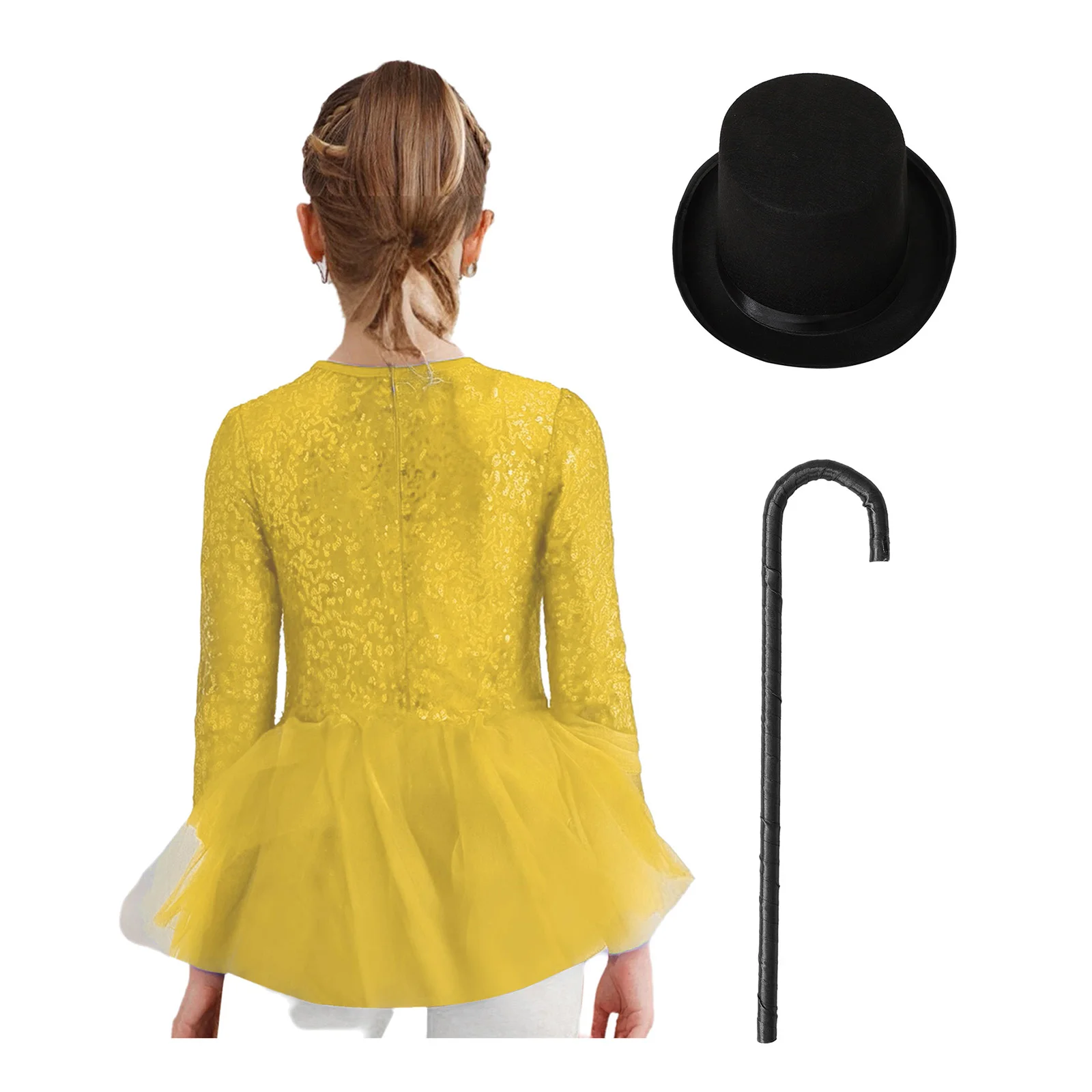 Kids Girls Sparkly Sequins Dance Outfit Magician Back Invisible Zipper Color Block Tulle Skirted Leotard with Hat And Crutch