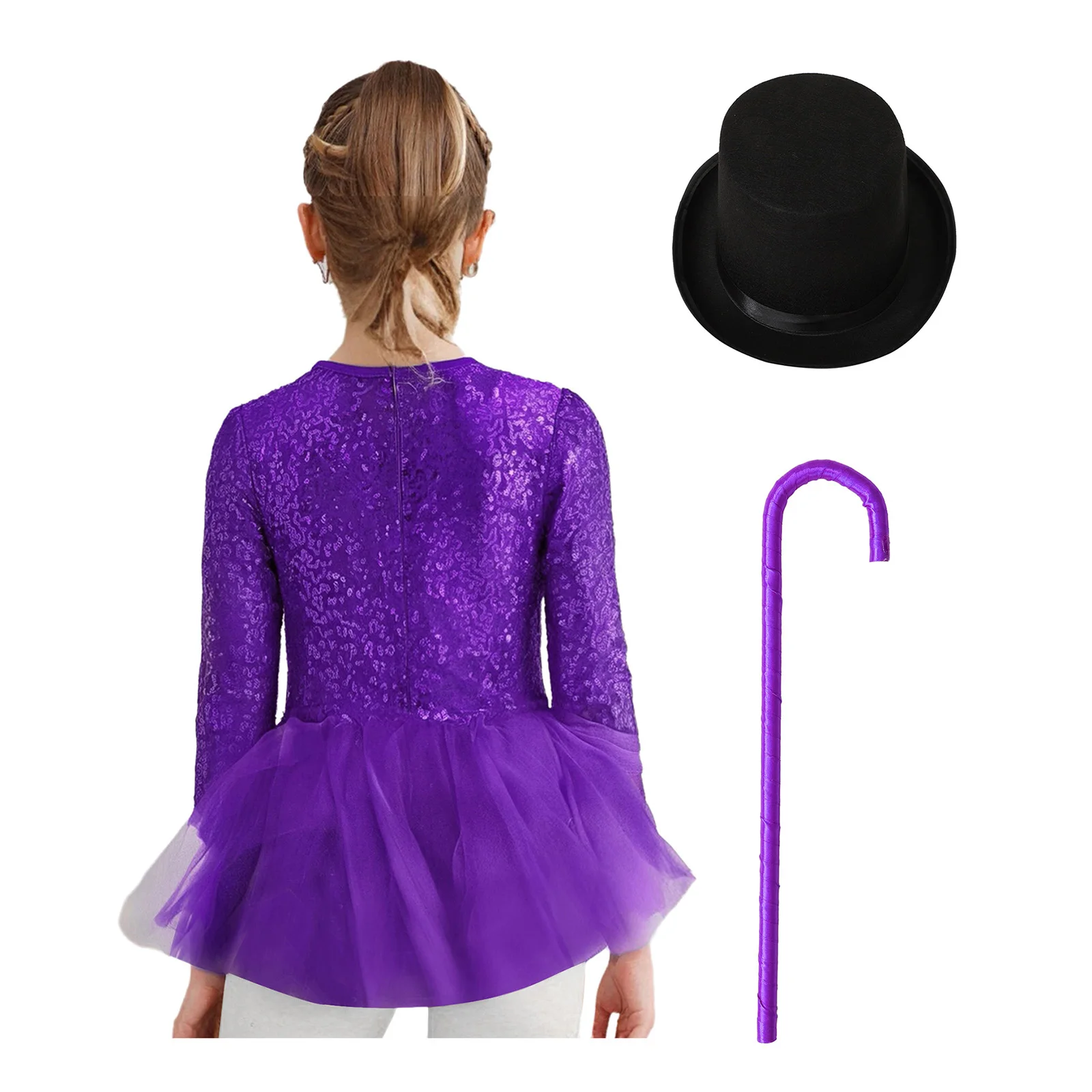 Kids Girls Sparkly Sequins Dance Outfit Magician Back Invisible Zipper Color Block Tulle Skirted Leotard with Hat And Crutch