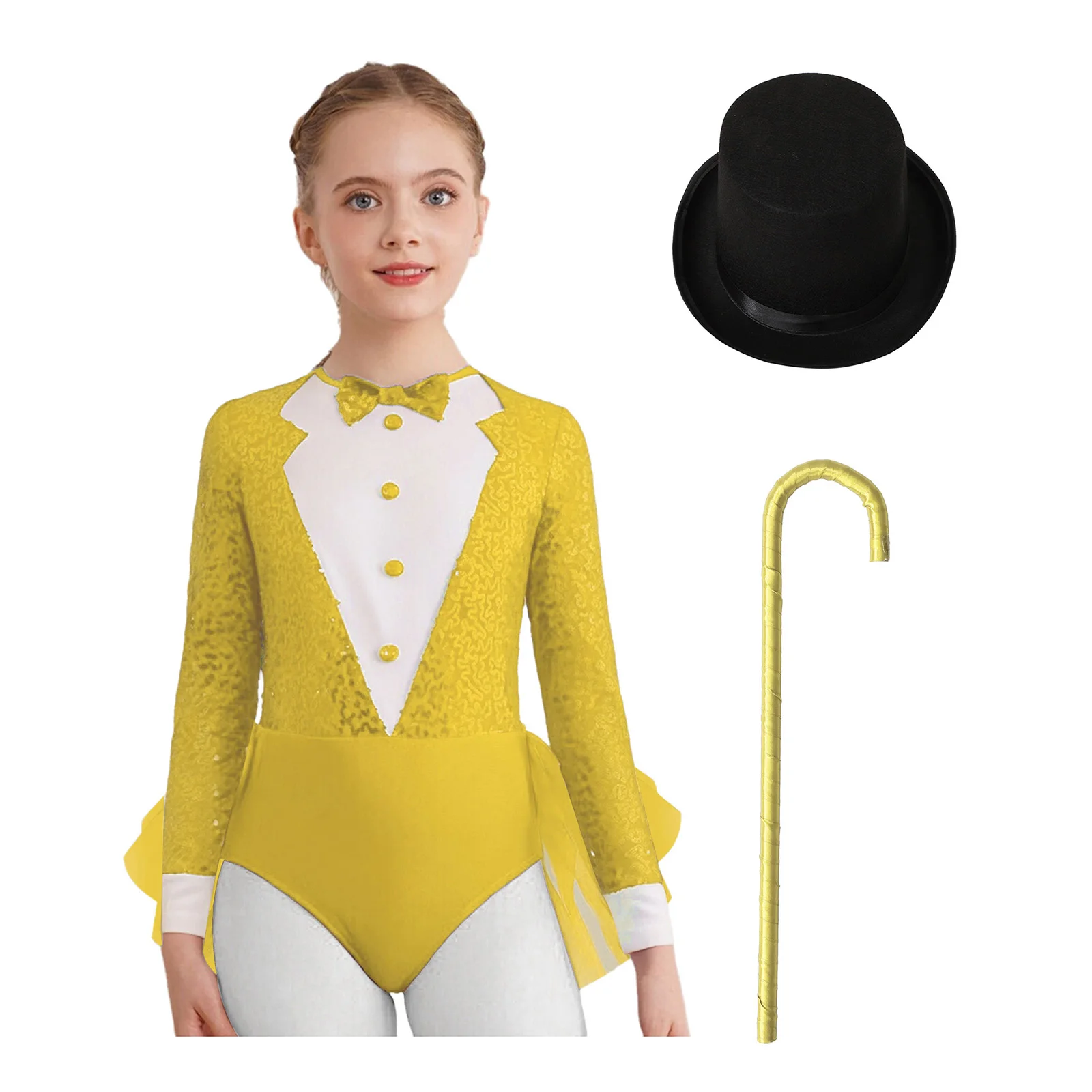 Kids Girls Sparkly Sequins Dance Outfit Magician Back Invisible Zipper Color Block Tulle Skirted Leotard with Hat And Crutch