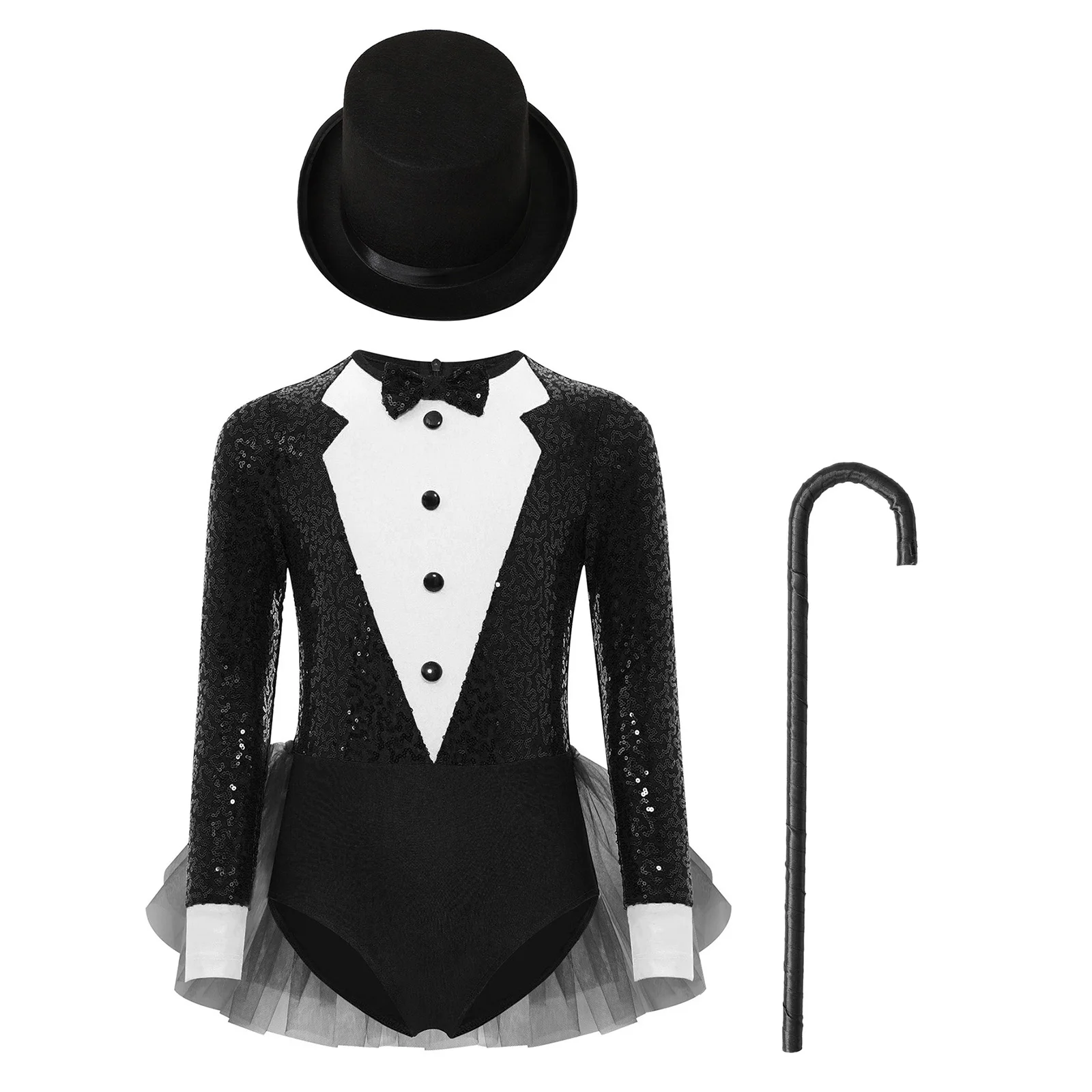 Kids Girls Sparkly Sequins Dance Outfit Magician Back Invisible Zipper Color Block Tulle Skirted Leotard with Hat And Crutch
